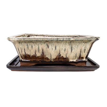 Bonsai bowl and saucer Gr. 4 - special glaze with fine color-effect - angular - cream / brown - L 26cm - B 20cm - H 8cm