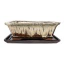 Bonsai-Schale mit Unterteller Gr. 4 - Sonderglasur mit edlem Farbverlauf-Effekt - eckig - creme/braun  - L 26cm - B 20cm - H 8cm