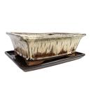 Bonsai-Schale mit Unterteller Gr. 4 - Sonderglasur mit edlem Farbverlauf-Effekt - eckig - creme/braun  - L 26cm - B 20cm - H 8cm