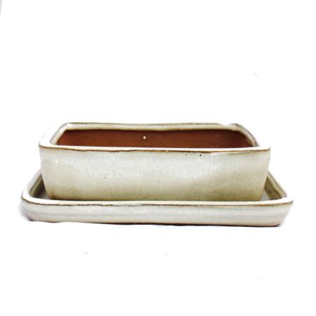 Bonsai-Schale mit Unterteller Gr. 2 - hellbeige - eckig - Modell G30 - L 14cm - B 11cm - H 4cm