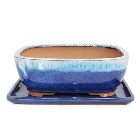 bol bonsaï avec soucoupe taille 4 - bleu/beige - rectangulaire - modèle g5b - l 25,5cm - b 19cm - h 9cm