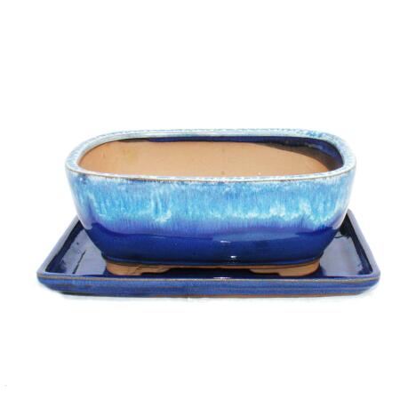 bol bonsaï avec soucoupe taille 8 pouces - bleu-beige - angulaire - modèle g5b - l 20,5cm - b 16cm - h 8cm