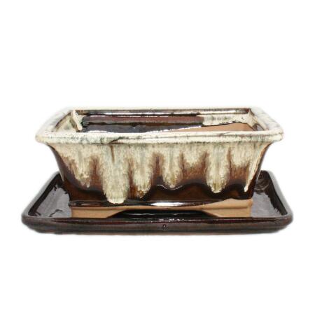 bol bonsaï avec soucoupe taille 8 pouces - brun-beige - angulaire - modèle g93 - l 21cm - b 16cm - h 8cm