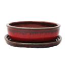 Bonsai-Schale mit Unterteller Gr. 2 - Sonderglasur mit edlem Farbverlauf-Effekt - oval O3 - rot-grau - L 15cm - B 11,5cm - H 4,5cm