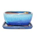 Bonsai-Schale mit Unterteller Gr. 2 - Sonderglasur mit edlem Farbverlauf-Effekt - rechteckig G5B - blau-beige - L 15,6cm - B 12,5cm - H 7cm