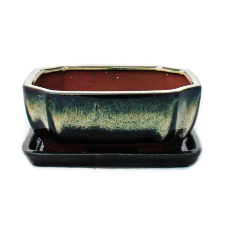 Bonsai-Schale mit Unterteller Gr. 2 Sonderglasur mit edlem Farbverlauf-Effekt rechteckig G117 schwarz-weiss L 15,8cm B 12,5cm H 6cm