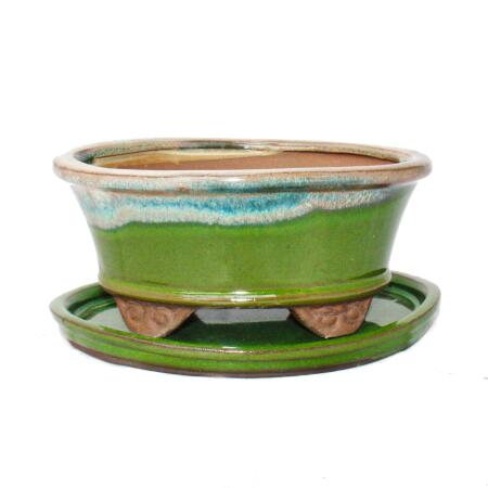 bol bonsaï avec soucoupe taille 2 - glaçure spéciale avec effet dégradé de couleurs nobles - ovale 09 - vert clair-beige -  l 16cm - b 12cm - H7,3cm