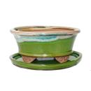 Bonsai-Schale mit Unterteller Gr. 2 - Sonderglasur mit edlem Farbverlauf-Effekt - oval 09 - hellgr&uuml;n-beige -  L 16cm - B 12cm - H7,3cm