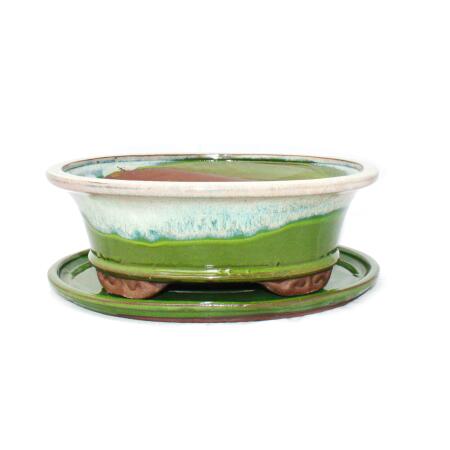bol bonsaï avec soucoupe taille 4 - glaçure spéciale avec effet dégradé de couleurs nobles - ovale 09 - vert clair-beige - l 25,5cm - b 21cm - h 9cm