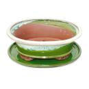 bol bonsaï avec soucoupe taille 4 - glaçure spéciale avec effet dégradé de couleurs nobles - ovale 09 - vert clair-beige - l 25,5cm - b 21cm - h 9cm