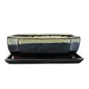 Bonsai-Schale mit Unterteller Gr. 4 - Sonderglasur mit edlem Farbverlauf-Effekt - rechteckig G117 - schwarz-weiss -  L 25,5cm - B 19,5cm - H 8,2cm