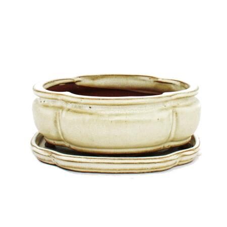 Bonsai-Schale mit Unterteller Gr. 2 - hellbeige - haitang/oval - Modell I3 - L 15cm - B 12cm - H 6cm