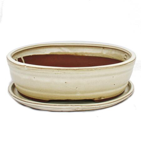 Bonsai-Schale mit Unterteller Gr. 4 - hellbeige - oval - Modell O7 - L 26cm - B 21cm - H 7,5cm