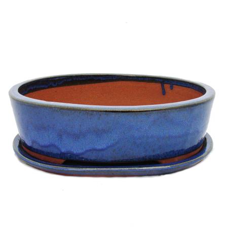 Bonsai-Schale mit Unterteller Gr. 5 - blau - oval O1 - L 31cm - B 24cm - H 9cm