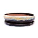 Bonsai bowl with saucer Gr. 3 - special glaze with elegant gradient effect - oval O78 - cream-mocha - L 21cm - W 17cm - H 6cm