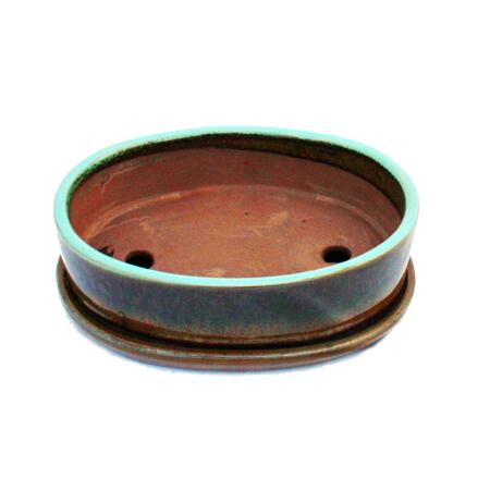 Bonsai bowl with saucer Gr. 3 - special glaze with elegant gradient effect - oval O1 - turquoise-brown - L 20.5cm - W 16cm - H 6cm