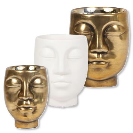 Planter "Face" - shape of a delicate harmonious face - gold and white - suitable for 6cm, 9cm and 12cm pots