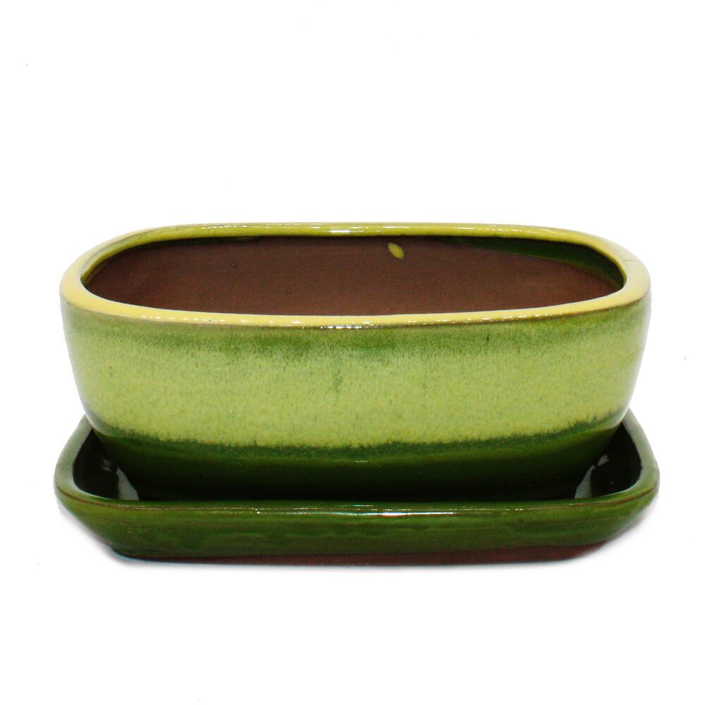 Bonsai-Schale mit Unterteller Gr. 3 - Gelb-Grn - rechteckig - Modell