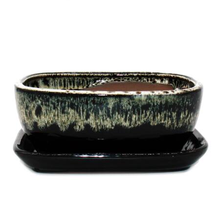 bonsai bol avec soucoupe Gr. 3 - noir-blanc - rectangulaire - modèle gb5 - l 21,5cm - l 17cm - h 8cm