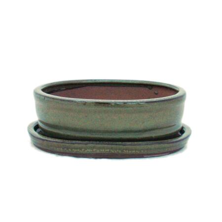 bol bonsaï avec soucoupe taille 2 - brun olive - ovale - modèle o7 - l 15,5cm - b 12cm - h 4,5cm